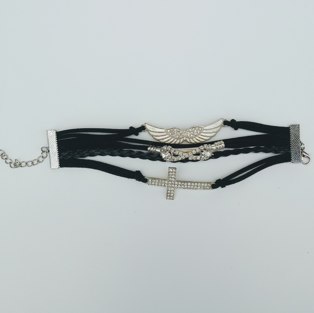 Leather & Silver CZ Cross & Wing Bracelet NWOT